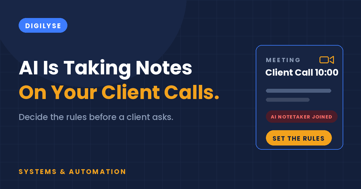 Digilyse graphic about AI meeting notes showing a meeting card with an AI notetaker joining and a set the rules button